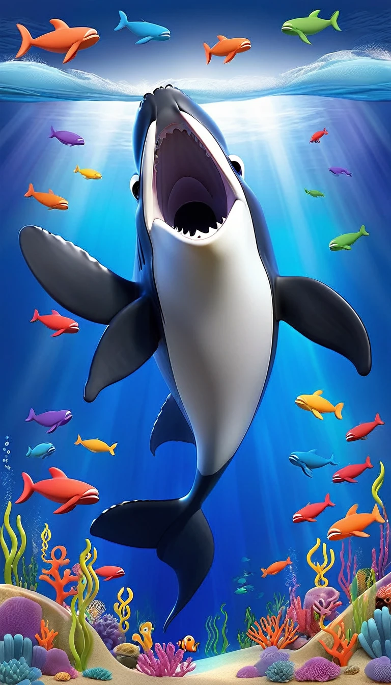 Create a 3-D Pixar style art scene for kids featuring a humpback whale singing with musical notes coming out of its blowhole. The scene should be colorful and vibrant, with an ocean background, coral reefs, and schools of fish. The text 'Whale songs can travel for miles!' should be prominently displayed. The overall mood should be lively and inviting for young children