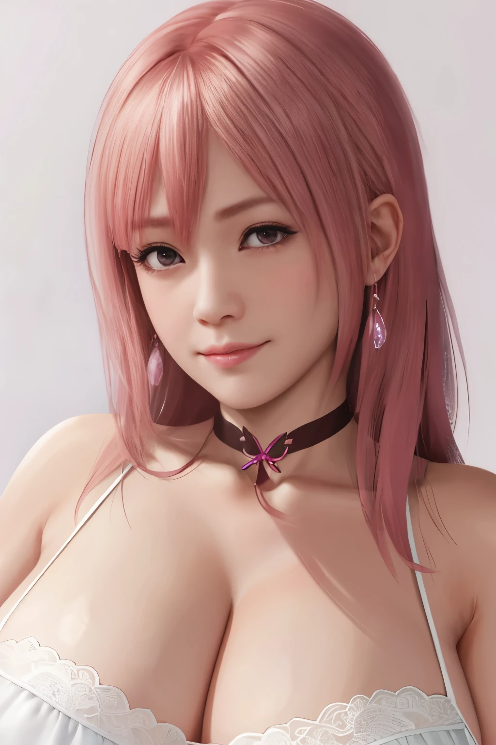 Honoka, close up, Face, portrait, A puzzled expression, Add to_detail:1, Female muscles, Huge breasts,超级Huge breasts,Cleavage,Low-cut,pink hair