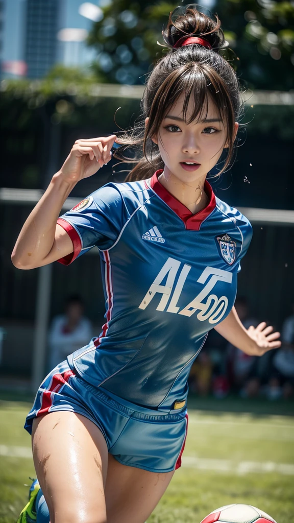 Highest quality, High resolution:1.2, Very detailed, Realistic:1.3, ((Beautiful woman))、((Super tight uniform))、((Big Breasts))、(((Soccer uniforms)))、Vibrant colors, play soccer,(Blunt bangs)、((Various Hair Styles))、Different hair colors、With bangs、Wet Hair, concentrate, splash, Action Shots, Grass blotches, Muddy ground, Wet turf, decide, Fast-paced games, Athletic physique, Shiny soccer ball, Wet Uniform, raindrop, Blurred motion, ボールにconcentrateする, Intense competition, Skillful dribbling, Energetic play, Teamwork, powerful shoots, Wet pitch, Passionate sports, Fierce decide, Humid atmosphere, Fluid movement, emotional expression、Dramatic lighting, Women's Sports, Avid athletes, Exciting Games, Endure, Excited state, Speed and agility, Energetic play, 濡れたsplash、smile、((Red Uniform))