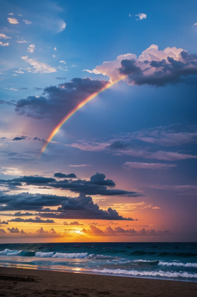 Beautiful sky with rainbow clouds in the rain above beach in the evening