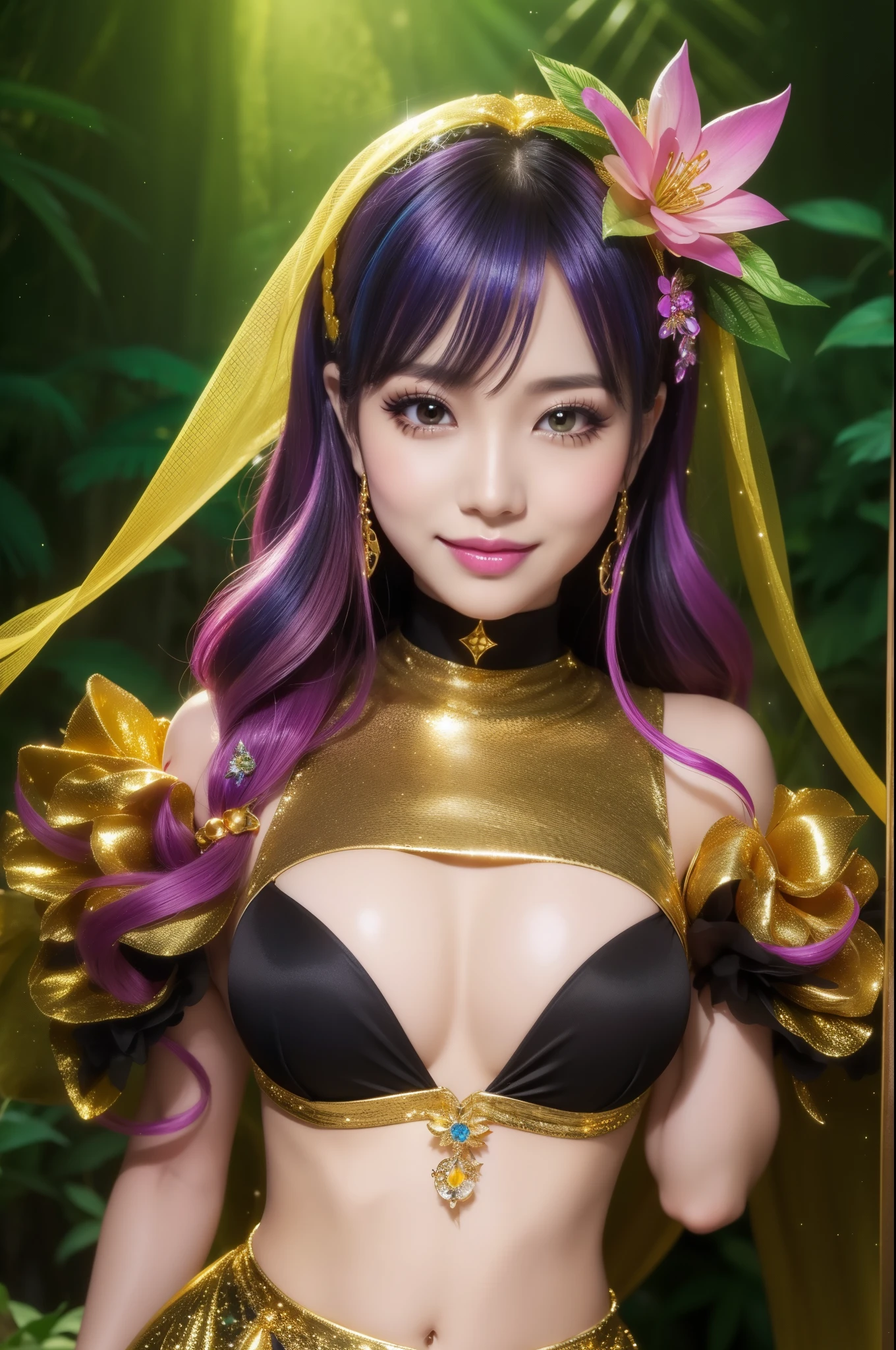 sexy golden princess who controls poison、beautiful smile、lipgloss、long lashes、intense makeup、look at the camera、full body Esbian、、sparkling poisoned flower costume、、、、shiny sparkling multicolor hair、secrete poison、skull hair accessories、fishnet tights、shiny sparkling dark magic forest background