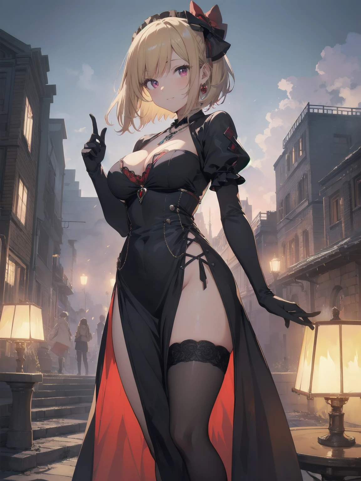 (masterpiece:1.2), (Highest quality:1.2), Ultra-high resolution, Very detailed, BREAK, ((Anime girl standing with happiness in her hands)), Clear Girl, (1 person,ta,boyish, 6 ye), A light smile, , girl who looks like a boy, Bob cut hair, ((Blonde Hair)), Messy Hair, Super huge breasts overflowing with soft fat mass、Waistline、Slender body, Small Ass, Small red eyes,Fine and beautiful eyes, Well-proportioned iris and pupil, Expressive eyes, Beautiful and detailed lips, High resolution detailed hair, Perfect Eyes, Perfect Face, ultra high density skin, Full Finger, Perfect lighting, break, ((Purple Necklace)), ((Black and red luxury dress:1.3)), light green tie, Sparkling Sapphire, Lady, Wear white gloves, BREAK, (steampunk), Castle balcony, Skyscraper, Night view, Equipment, (Steam spewing out from :1.2), Fantasy, BREAK, ((Positive:1.3)), BREAK, Digital anime art,Anime style illustrations,Anime illustration
