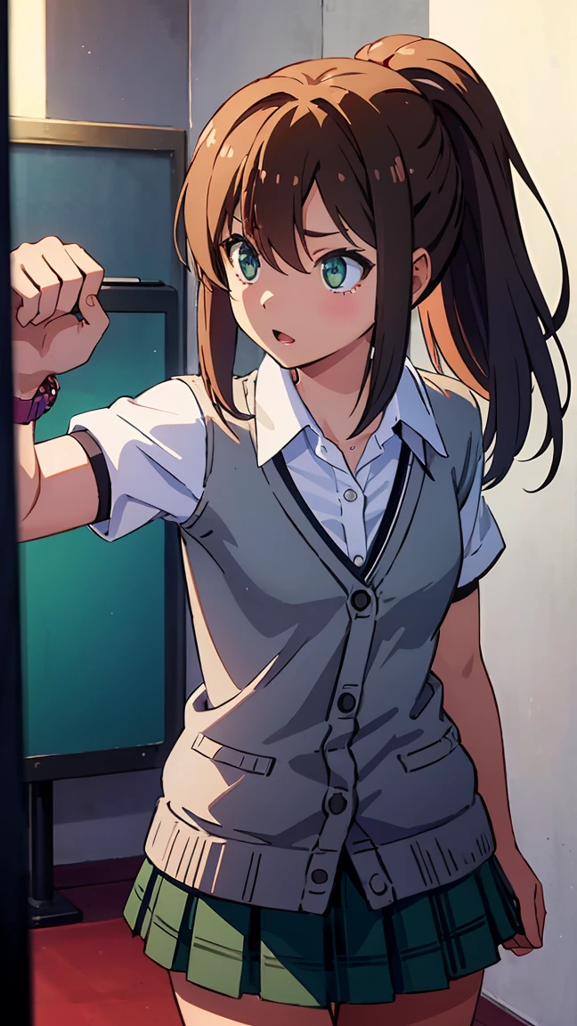 an1, brown eyes, ponytail, 
BREAK (collared shirt, grey cardigan, plaid skirt, green skirt:1.2),
BREAK gym, wrist bands, punching bag, fists, looking at you,
BREAK (masterpiece:1.2), best quality, high resolution, unity 8k wallpaper, (illustration:0.8), (beautiful detailed eyes:1.6), extremely detailed face, perfect lighting, extremely detailed CG, (perfect hands, perfect anatomy),