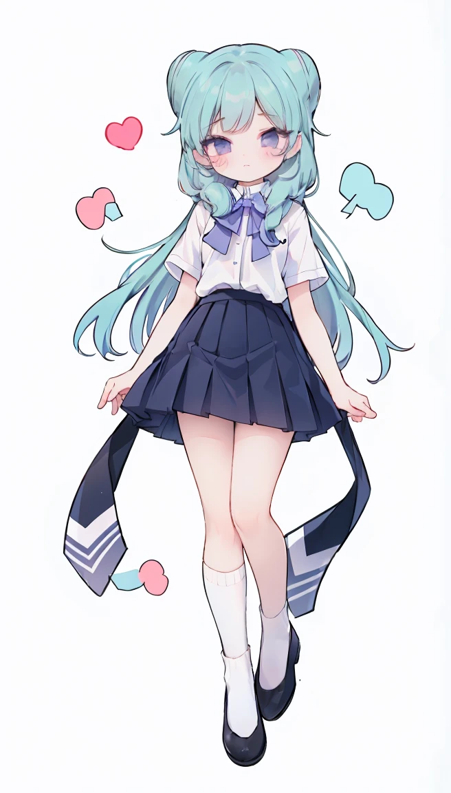 masterpiece, best quality, high resolution, aabeta, double, white simple background, standing, slim waist, cute, sailor uniform, pink bow tie, blue skirt, long socks, (PastelColors: 1.3), full body
