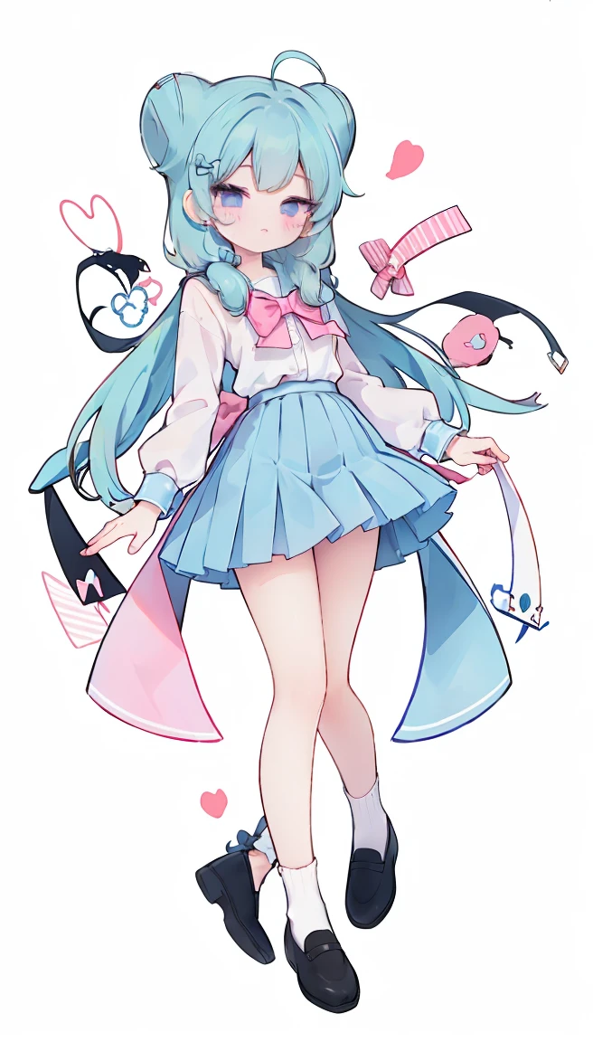 masterpiece, best quality, high resolution, aabeta, double, white simple background, standing, slim waist, cute, sailor uniform, pink bow tie, blue skirt, long socks, (PastelColors: 1.3), full body