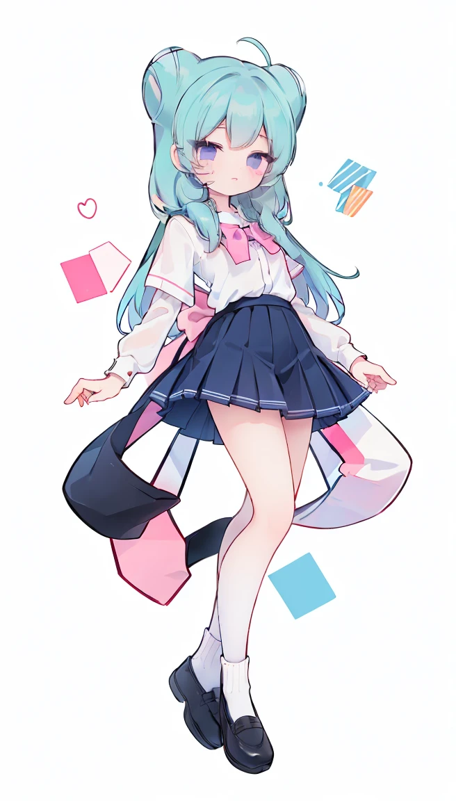 masterpiece, best quality, high resolution, aabeta, double, white simple background, standing, slim waist, cute, sailor uniform, pink bow tie, blue skirt, long socks, (PastelColors: 1.3), full body