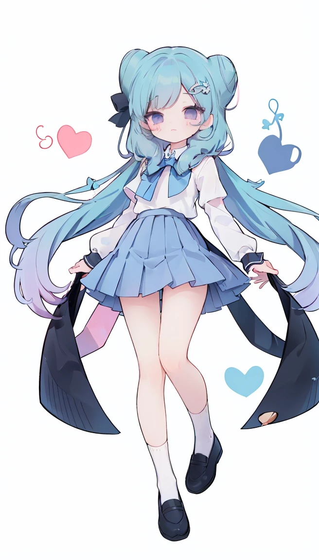 masterpiece, best quality, high resolution, aabeta, double, white simple background, standing, slim waist, cute, sailor uniform, pink bow tie, blue skirt, long socks, (PastelColors: 1.3), full body