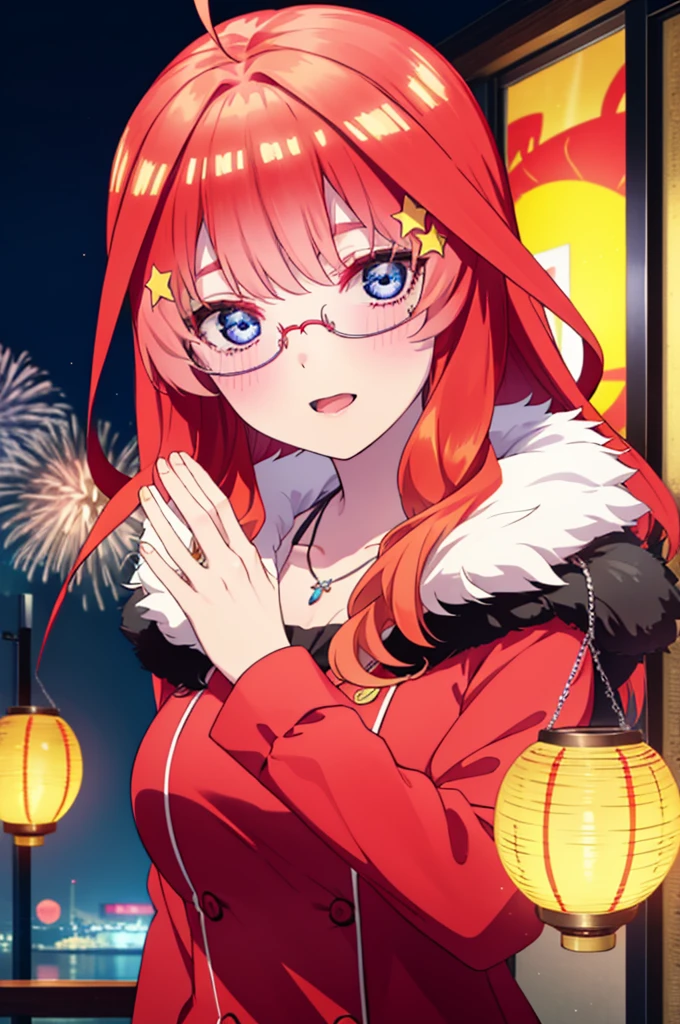 itsukinakano, itsuki nakano, bangs, blue eyes, Hair between the eyes, Ahoge, Redhead, star \(symbol\), hair ornaments, star hair ornaments,Akagi Glasses,smile,blush,Fun atmosphere,Open your mouth,Long Hair,Tie your hair back,Red jacket, (Checked fur jacket: 1.2), Checked skirt, High heels, necklace, Handbags, Earrings,,night空の花火,Fireworks display,Japanese Festivals,Summer festival food stalls,Red Lantern, night,whole bodyがイラストに入るように,Looking down from above,
break outdoors, shrine,                                              break looking at viewer,whole body,
break (masterpiece:1.2), Highest quality, High resolution, unity 8k wallpaper, (shape:0.8), (Beautiful and beautiful eyes:1.6), Highly detailed face, Perfect lighting, Extremely detailed CG, (Perfect hands, Perfect Anatomy),