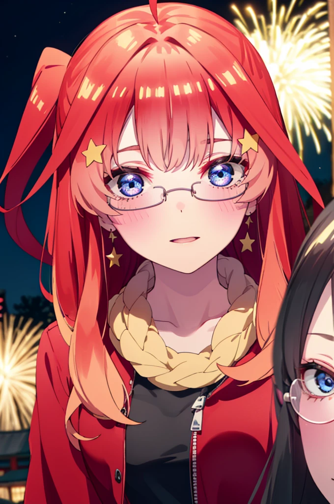 itsukinakano, itsuki nakano, bangs, blue eyes, Hair between the eyes, Ahoge, Redhead, star \(symbol\), hair ornaments, star hair ornaments,Akagi Glasses,smile,blush,Fun atmosphere,Open your mouth,Long Hair,Tie your hair back,Red jacket, (Checked fur jacket: 1.2), Checked skirt, High heels, necklace, Handbags, Earrings,,night空の花火,Fireworks display,Japanese Festivals,Summer festival food stalls,Red Lantern, night,whole bodyがイラストに入るように,Looking down from above,
break outdoors, shrine,                                              break looking at viewer,whole body,
break (masterpiece:1.2), Highest quality, High resolution, unity 8k wallpaper, (shape:0.8), (Beautiful and beautiful eyes:1.6), Highly detailed face, Perfect lighting, Extremely detailed CG, (Perfect hands, Perfect Anatomy),