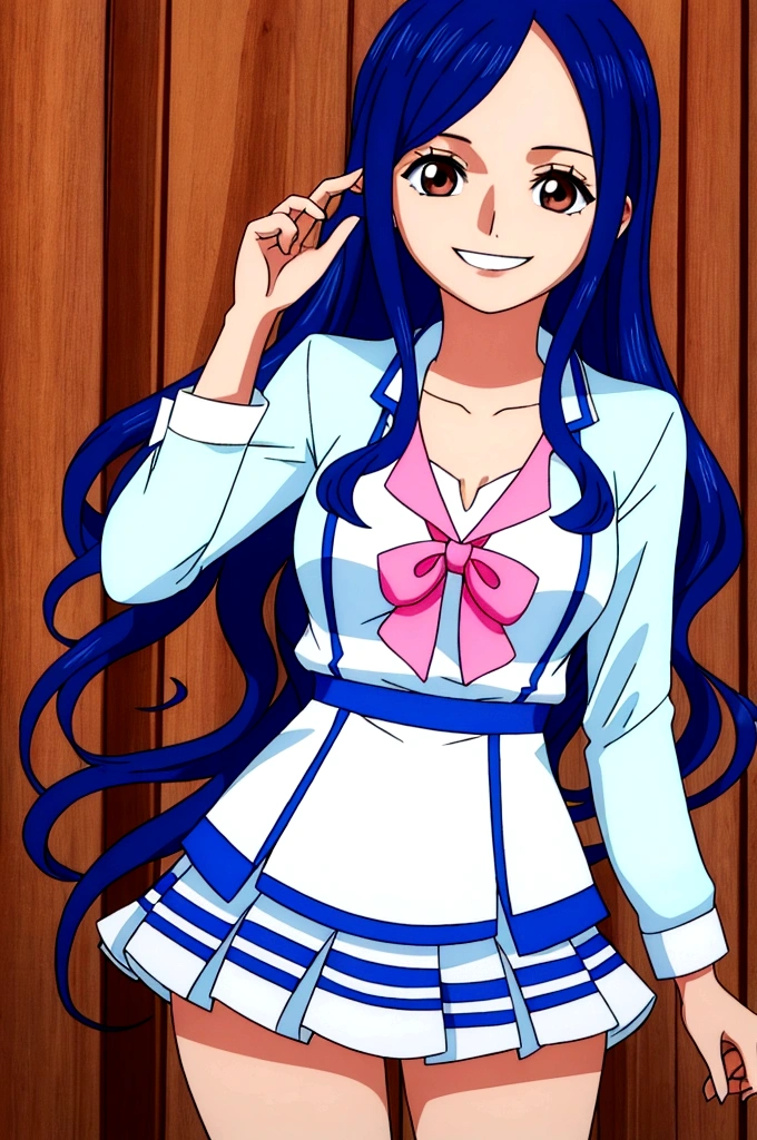 young woman, blue wavy hair, brown eyes, wearing Preppy clothes, smiling