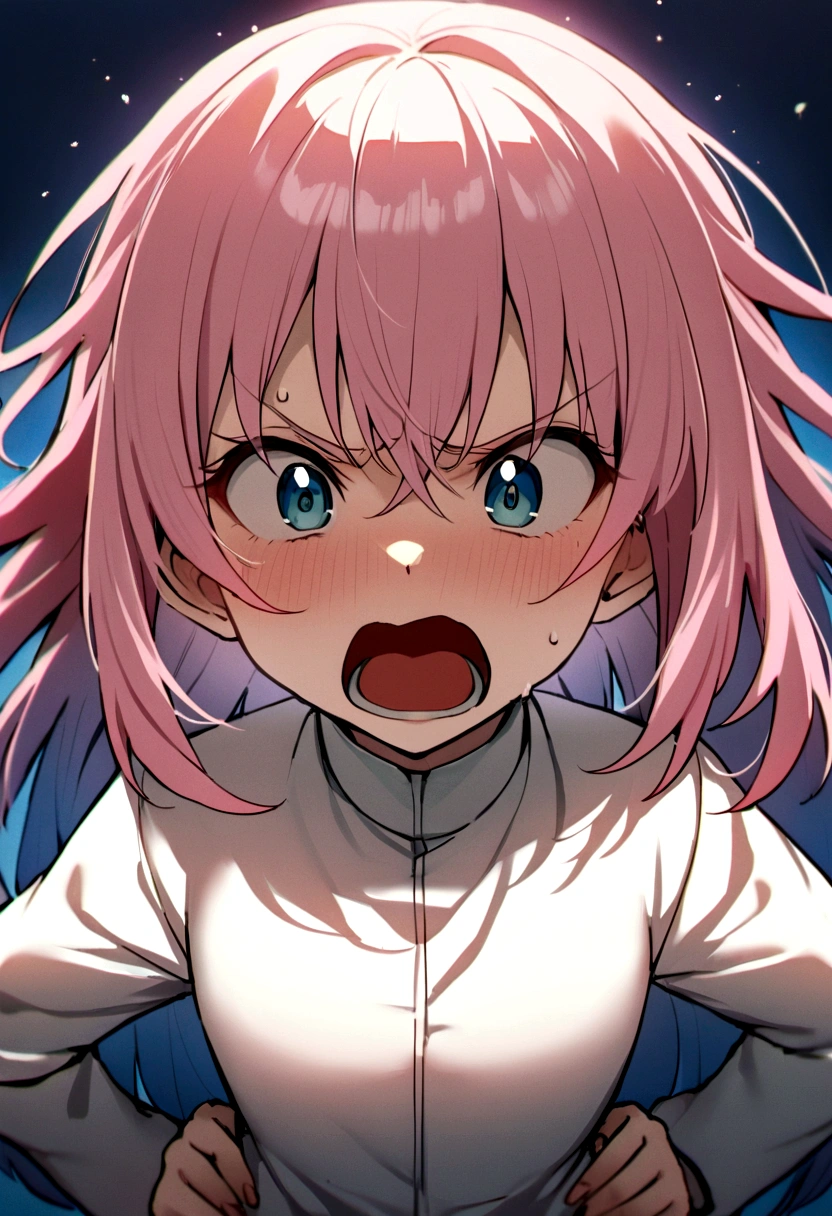 A city girl with pink hair、Middle wind、abuse、Get angry、Hands on hips、Upper body close-up、Open your mouth