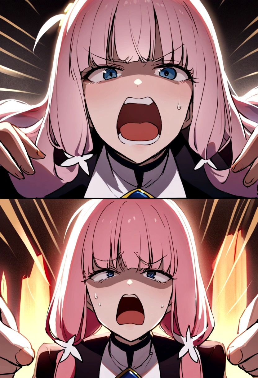 A city girl with pink hair、Middle wind、abuse、Get angry、Hands on hips、Upper body close-up、Open your mouth