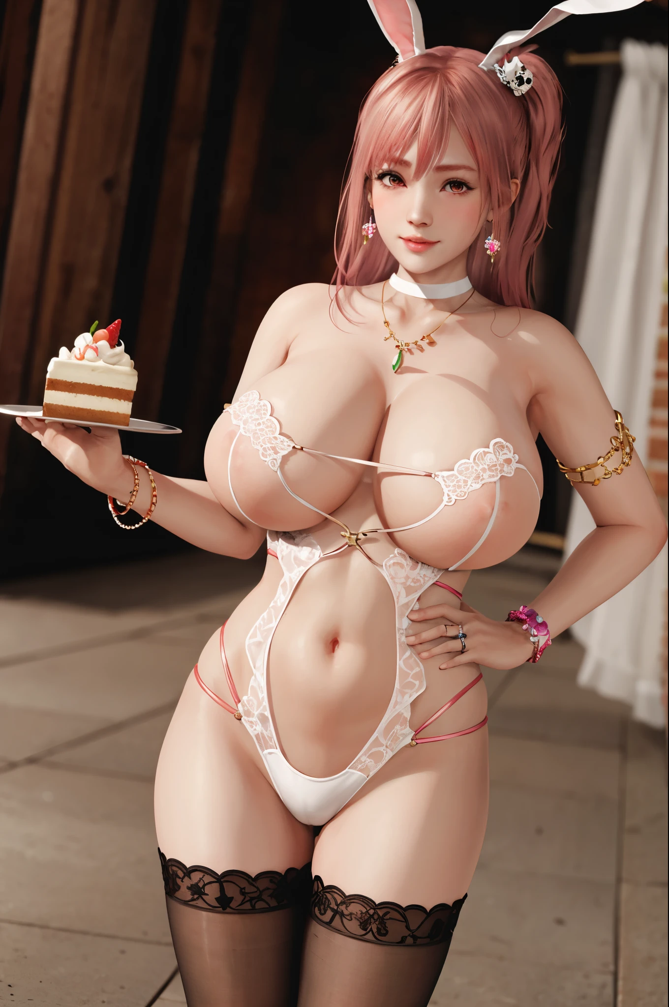 Honoka, Bunny Girl装，bracelet，ring, ，Pink Hair，Huge breasts，Cleavage，Low-cut，Rabbit Tail，pantyhose，cute，necklace，earrings，coffee，cake，Rabbit ears，Lace，Red lips，shy，cute，Bunny Girl，Brown eyes，super huge breasts，Leg ring，Coverall，Bodysuit，Lots of meat，miniskirt
