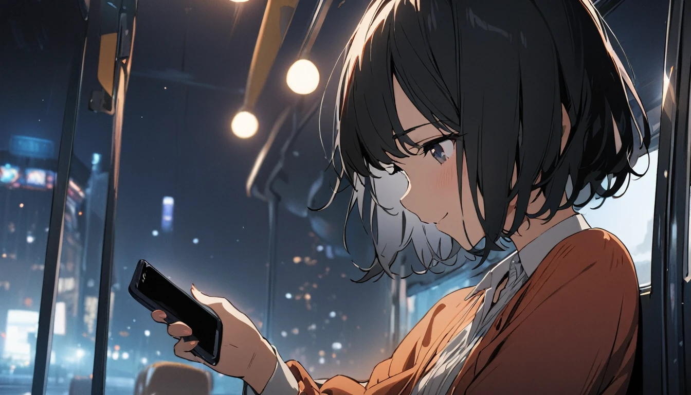 1girl, solo, gentle smile on her face flat chest, short hair, black hair, upper body, ((masterpiece, illustration, best quality)) ((best quality)), ((masterpiece)), On the bus a stylishly dressed women playing with his cell phone with her head down, at night