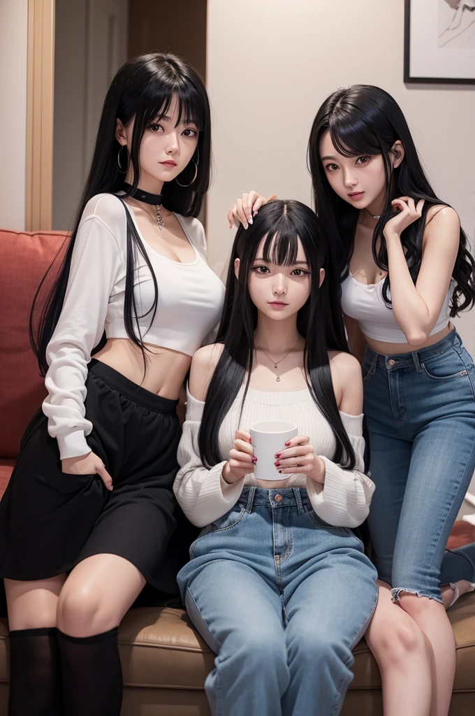 3 anime gorgeous girls, 1 with long black hair, 1 with long white hair, 1 with short shaggy black hair, all relaxing in home