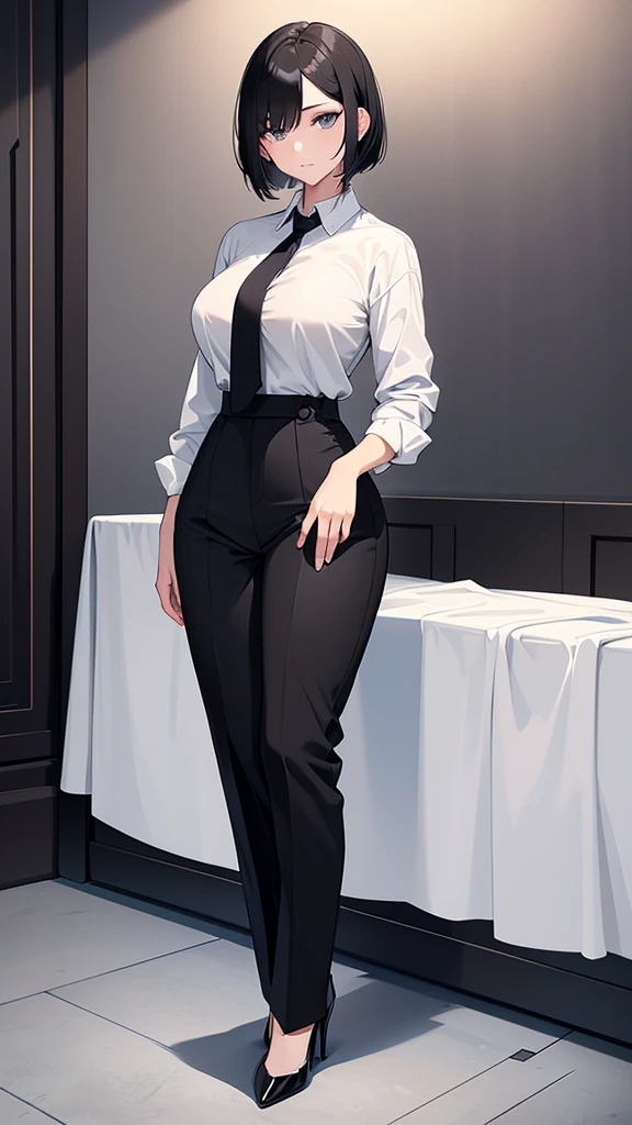 A young woman with shoulder length short black hair, grey eyes, medium sized breasts, medium sized hips. She is wearing a white dress shirt and black pants. She is looking at the viewer, and her easy expression is sensual. Full body. The setting is a luxurious place at night . Masterpiece, high quality.