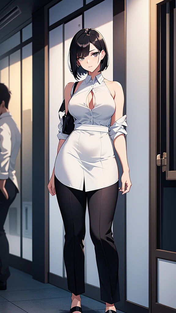A young woman with shoulder length short black hair, grey eyes, medium sized breasts, medium sized hips. She is wearing a white dress shirt and black pants. She is looking at the viewer, and her easy expression is sensual. Full body. The setting is a luxurious place at night . Masterpiece, high quality.