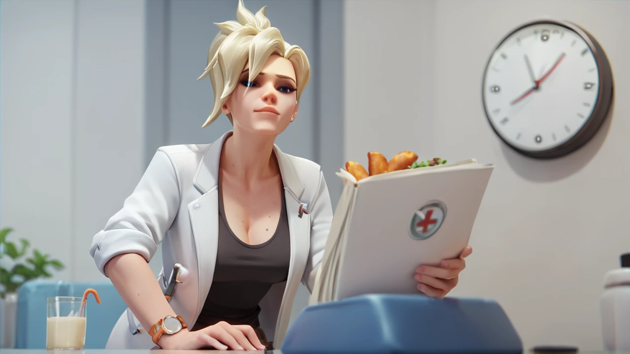 score_9,score_8_up,score_7_up,score_6_up ,source_overwatch score_9, score_8_up, score_7_up,  1women, solo, mercy \(overwatch\), depth of field, blonde hair, high quality, ponytail, doctor mercy, doctor lab location