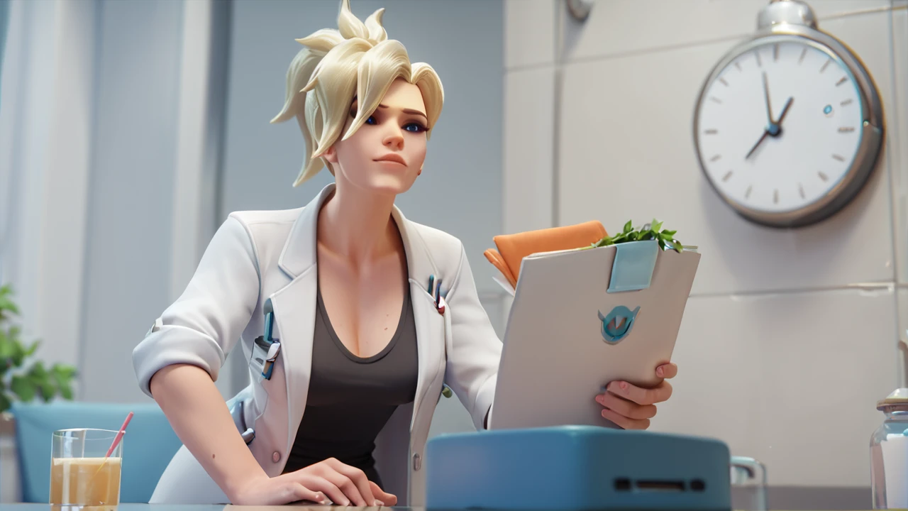 score_9,score_8_up,score_7_up,score_6_up ,source_overwatch score_9, score_8_up, score_7_up, 1women, solo, mercy \(overwatch\), depth of field, blonde hair, high quality, ponytail, doctor mercy, doctor lab location
