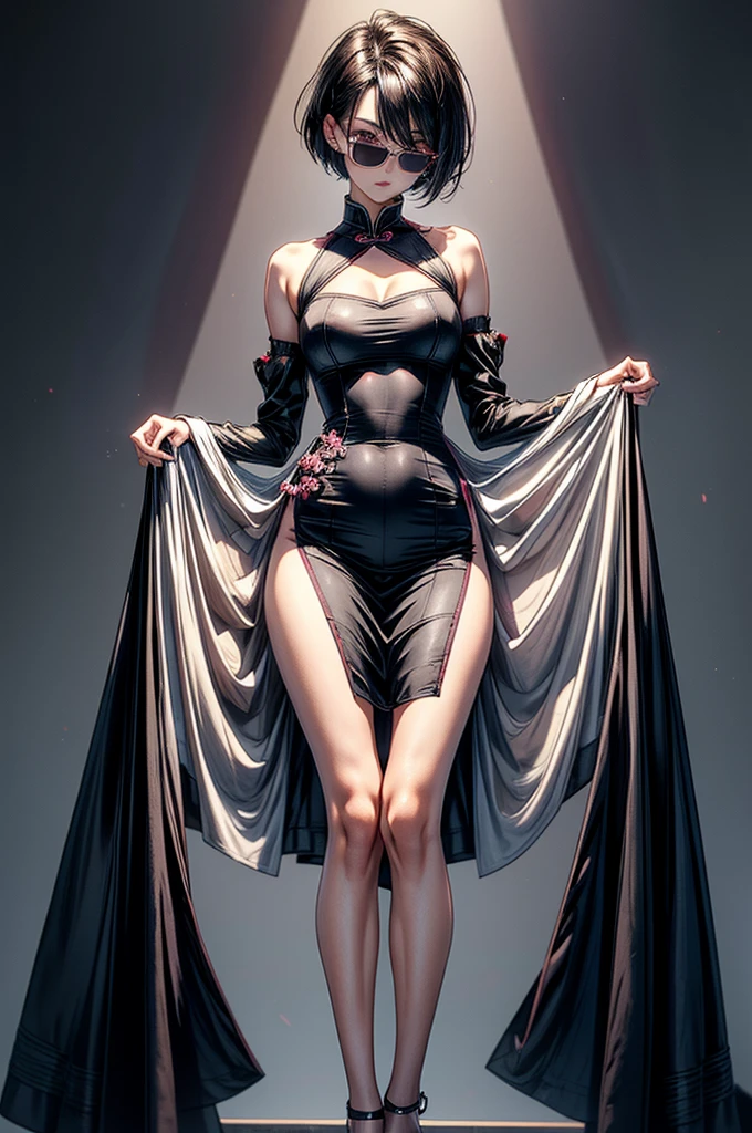 masterpiece, best quality, distinct image, 1 girl, 16 year old ager, Asymmetrical knee length Chinese styled dress, solo. sharp facial features, oval shaped face, cherry pink lip, lightly tanned white skin, velvet-colored eyes, tall height(175cm), slim yet chiseled body-type, dark violet-black hair, short pixie cut hairstyle, long and slender legs, curvy wide hips stretching the dress, full body image,