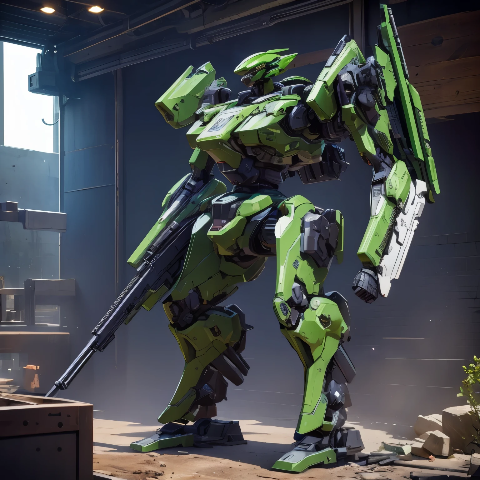 Biological mech holding a medium sized shotgun. The twig-looking thrusters on its back.(A more rounded and smooth body shape, green shield made from a snake: 1). Carried two spare weapons, a closed-barreled shotgun and a heavy-caliber pistol. Extremely detaild, intricate, 8K, HDR, naturallight, cinematic lighting, masterpiece-anatomy-perfect, ultra HD, Space Combat, Battlefield, Unreal Engine, RAW photo, metallic, professional, ultra-fine painting, perfect body proportions, anatomically correct, uhd, real texture material, Anti-Aliasing, FKAA, TXAA, RTX, SSAO, Post Processing, Post Production, Tone Mapping, CGI, VFX, SFXHyper maximalist, Volumetric, ultra photorealultra-detailed intricate details.