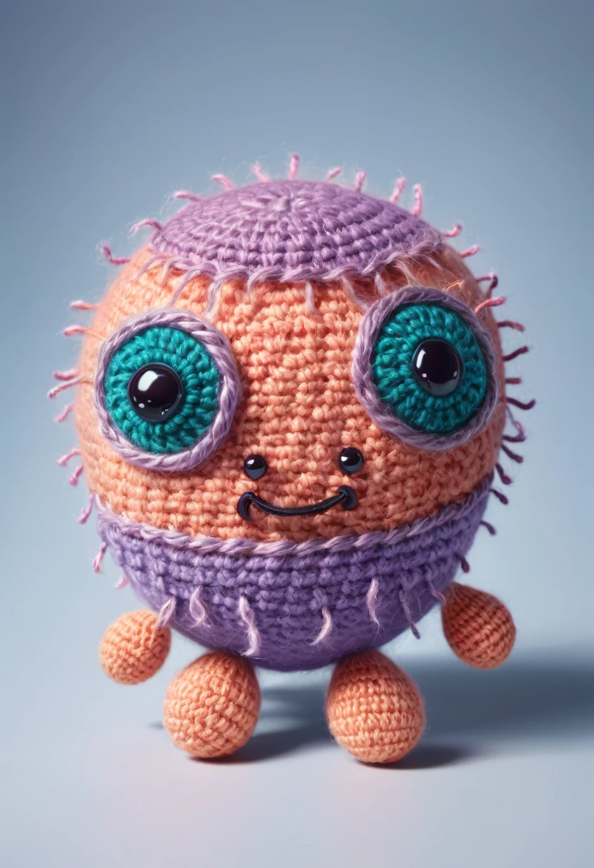 a crocheted doll of a cute virus or germ, highly detailed, ultra-realistic, cinematic lighting, 8k, masterpiece, intricate knitted textures, vibrant colors, whimsical expression, soft focus, photorealistic, 3d render, close-up, detailed anatomy, dynamic pose, warm lighting, soft shadows