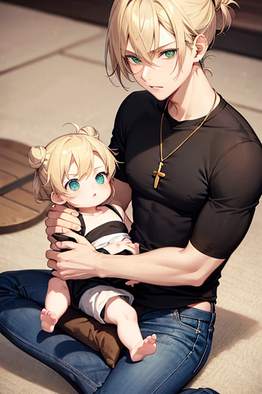 Anime boy, neutral expression, with blonde hair tied up in a bun, green eyes, black T-shirt, blue skinny jeans, gold cross necklace, holding a baby, sitting on floor