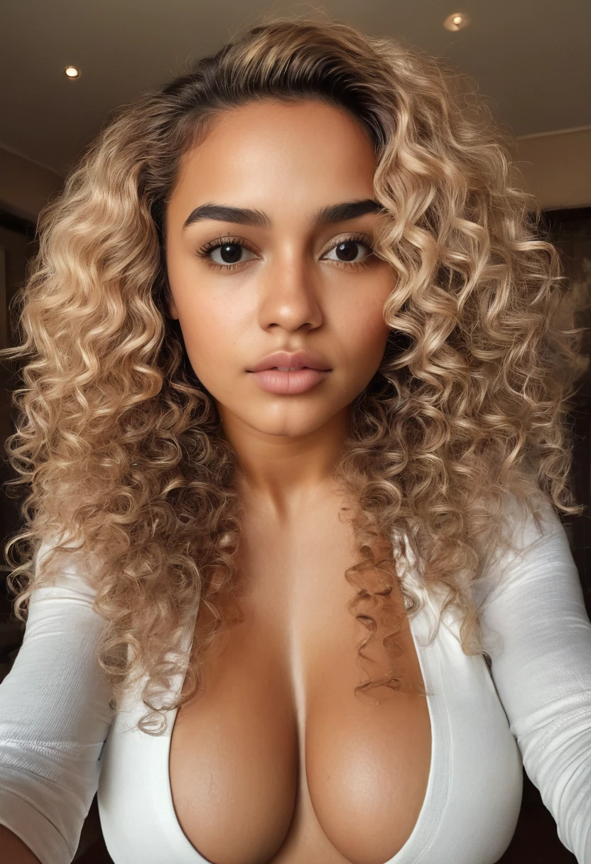 A realistic selfie of young 20 year old rich intimidating female with curly honey blonde hair brown skin and intense eyes inside a nice mansion 