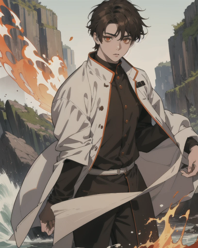 Masterpiece, Best quality, high quality, 1 man, 20 years old, One, athletic body and white skin, male focus, Looking at the viewer, upper body, long brown hair (tied hair) and long bangs, orange eyes, black closed coat with blood drops, fire and water mania around it