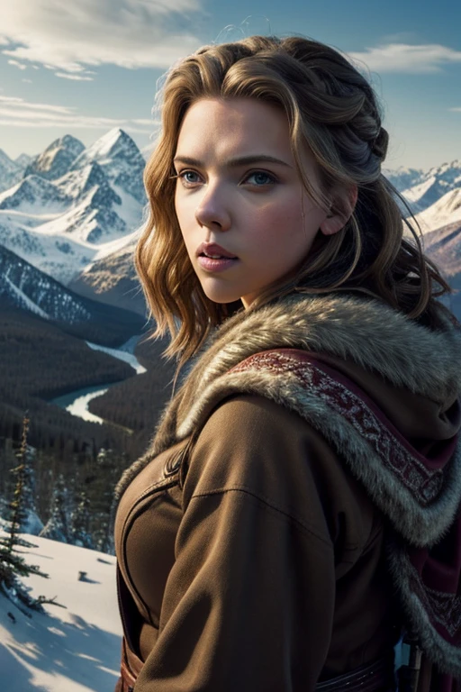 Scarlett Johansson, ((master piece)),best quality, illustration, dark, 1girl, In the wilderness,High mountain,Snow-capped mountains in the distance, castle, beautiful detailed eyes, beautiful detailed hair,