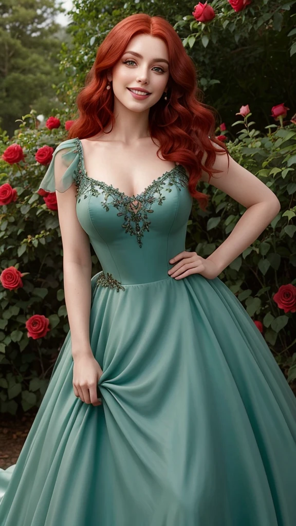 sexy, (seductivesmile:1.1), spellcasting, mysteriousatmosphere, (fantasy:1.4), florest scenery, (edgfd ballgown:1.5), (fantasy dress:1.1), (long dress:1.1), (ballgown with a lot of roses:1.1), hearts, flowers,, (masterpiece, high quality, best quality:1.3), extremely detailed, extremely intricate, realistic, hyperrealistic, fine texture, Extremely high-resolution details, 25 year old beautyful woman, (reddish hair:1.3), almond eyes, (green eyes), [long hair], [curly hair], (eye shadow:1.1), 162cm tall, oval face, snub nose, heart-shaped lips, (arched eyebrows), (skinny:1.1), wasp waist