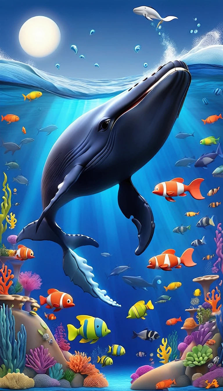Create a 3-D Pixar style art scene for kids featuring a humpback whale singing with musical notes coming out of its blowhole. The scene should be colorful and vibrant, with an ocean background, coral reefs, and schools of fish. The text 'Whale songs can travel for miles!' should be prominently displayed. The overall mood should be lively and inviting for young children