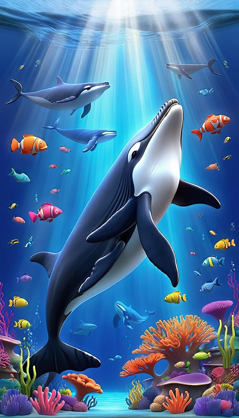 Create a 3-D Pixar style art scene for kids featuring a humpback whale singing with musical notes coming out of its blowhole. The scene should be colorful and vibrant, with an ocean background, coral reefs, and schools of fish. The text 'Whale songs can travel for miles!' should be prominently displayed. The overall mood should be lively and inviting for young children