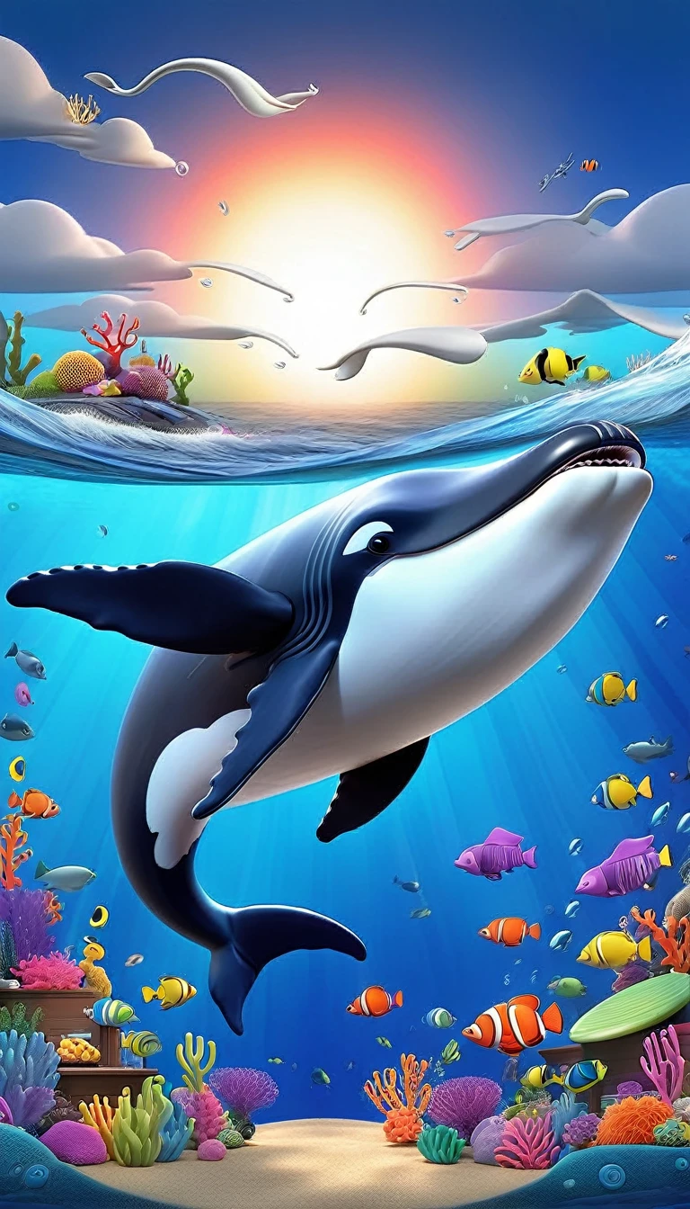 Create a 3-D Pixar style art scene for kids featuring a humpback whale singing with musical notes coming out of its blowhole. The scene should be colorful and vibrant, with an ocean background, coral reefs, and schools of fish. The text 'Whale songs can travel for miles!' should be prominently displayed. The overall mood should be lively and inviting for young children