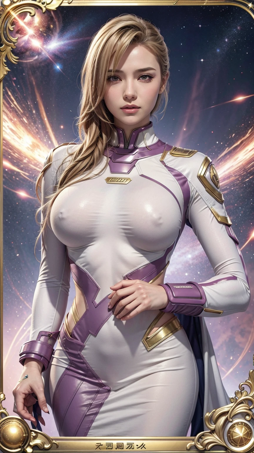(masterpiece:1.2, Highest quality),(Very detailed),8K,wallpaper,1 female,Mature Woman,48 years old,sentai heroine pink,Muscular,((White metallic squadron suit)),(((Better Hands))),((The background is Galaxy Flash)),Random hairstyle,Random Pause,(((Beautiful female hands,detailed drawing of a hand))),cyber punk,((Beautiful trading cards,gold framed))
