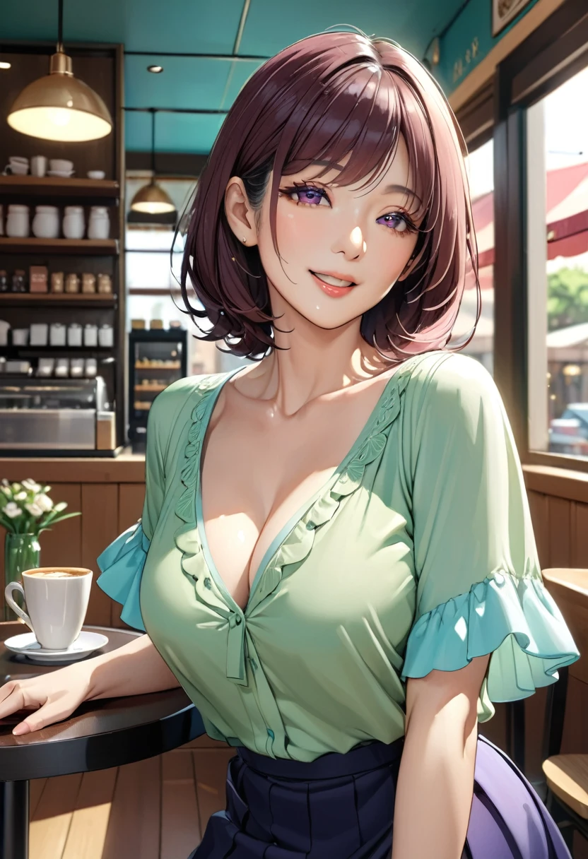 (Masterpiece:1.21),(FHD),(16K),(Top Quality:1.24),(Super Resolution),(Superb Illustration),(Best Shadow),(High Quality),(Super Detail:1.15),(Super Detail), Superb Detail, Elaborate, Beautiful, Absurd, 1 Woman, Japanese Woman,(Housewife:1.5),(40 Years Old:1.3),(Attractive Mature Woman:1.66),(Middle Age:1. 49),(Small Round Face:1,19),(medium build,shiny skin,fine skin,fine face,beautiful breast,Very small breast,retinal detail,big eye,twinkle eye),((graduated haircut)),Casual, simple blouse,V-neckline,knee-length skirt, blouse in bright colors,pastel shades,(((cafe interior,in room))),(laugh:1.4)
