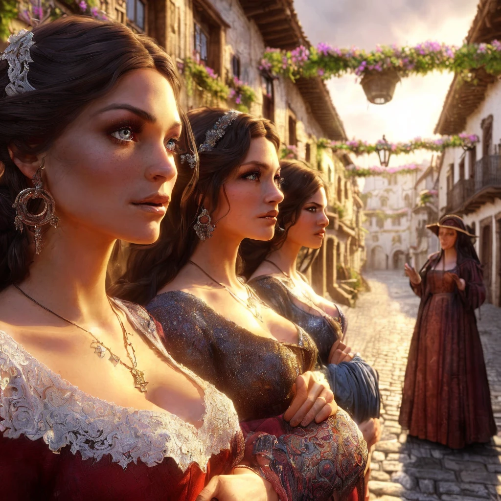 three women in medieval costumes standing in a street with a woman in a long dress, fantasy style 8k octane rendering, High-quality, detailed artwork in 8K, rendering of mirabel madrigal, realistic fantasy rendering, realistic painting of spanish woman, cheval michael (engine unreal, alena aenami and lilia alvarado, highly detailed cgsociety, beautiful digital art