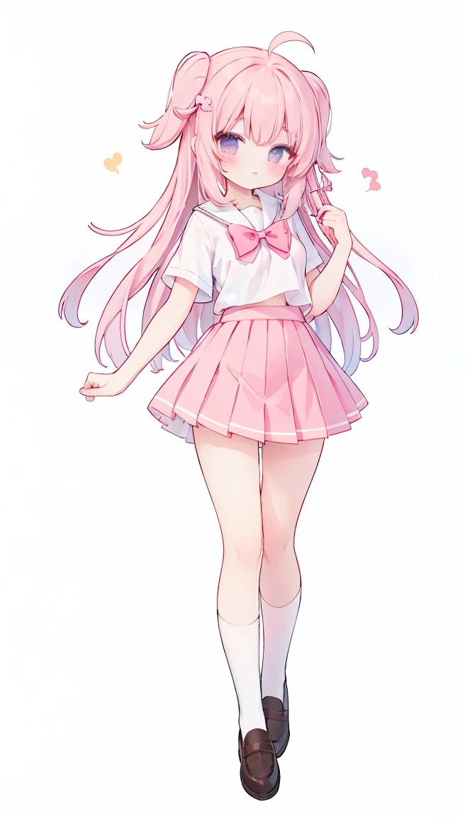 masterpiece, best quality, high resolution, aabeta, double, white simple background, standing, slim waist, cute, sailor uniform, pink bow tie, pink skirt, long socks, (PastelColors: 1.3), full body