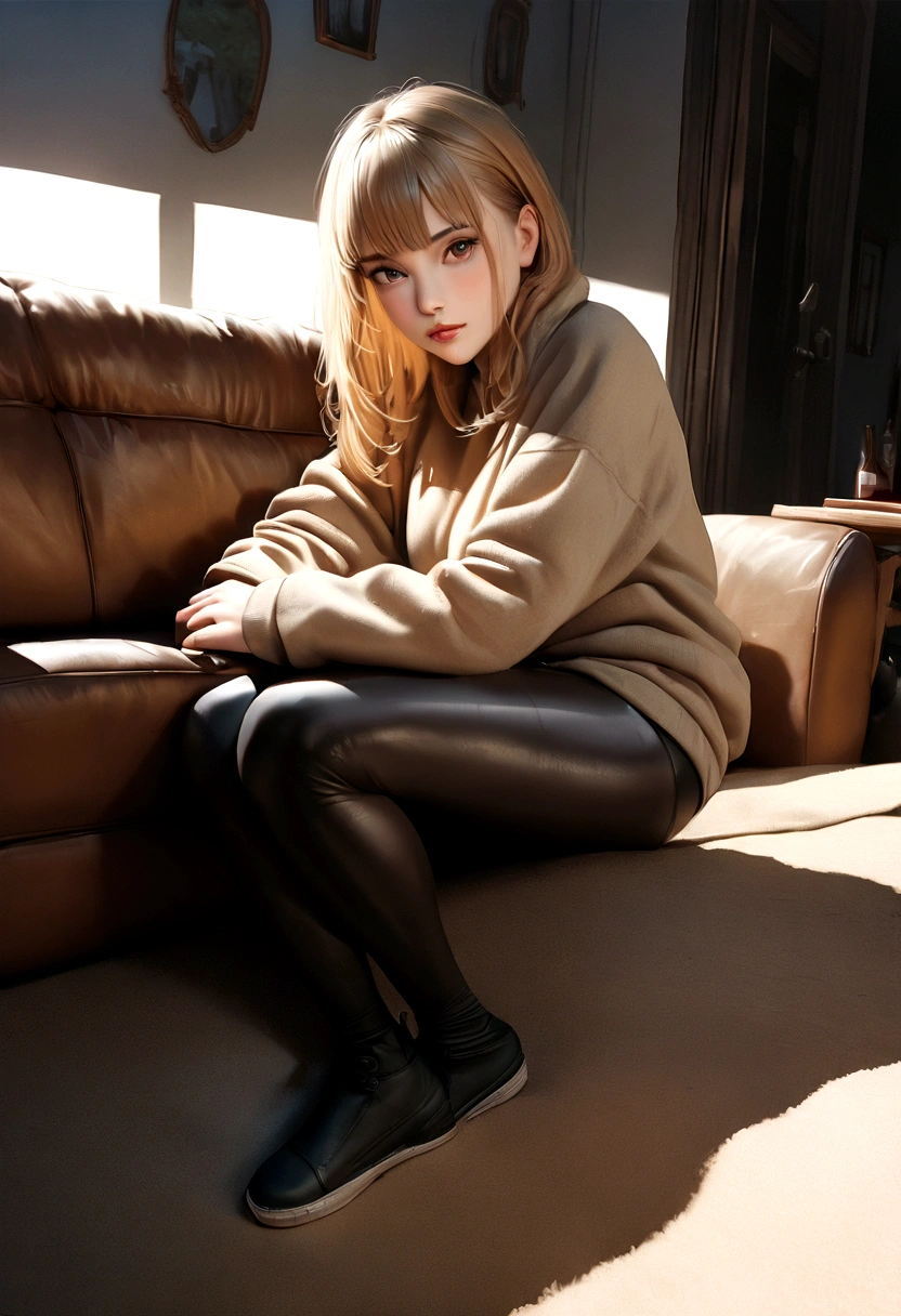 gorgeous young blond woman, in her living room, on a sofa, wearing a legging and a sweatshirt, full body, beautiful face, masterpiece, best quality, ultra-detalled, solo, shadows, contrast, cinematic light, side lighting, ultra high resolution, best shadow, RAW, 4k, 85 mm, poca profundidad de campo, Kodak Vision Color, extrem adamente detallado, Cinematographer_\(ultra, photoreallistic, Realstic, Postproceso, Maximum details, asper eza, vida real, ultra realista, fotorrealismo, Cinematographer, 8k UHD, Cinematographer