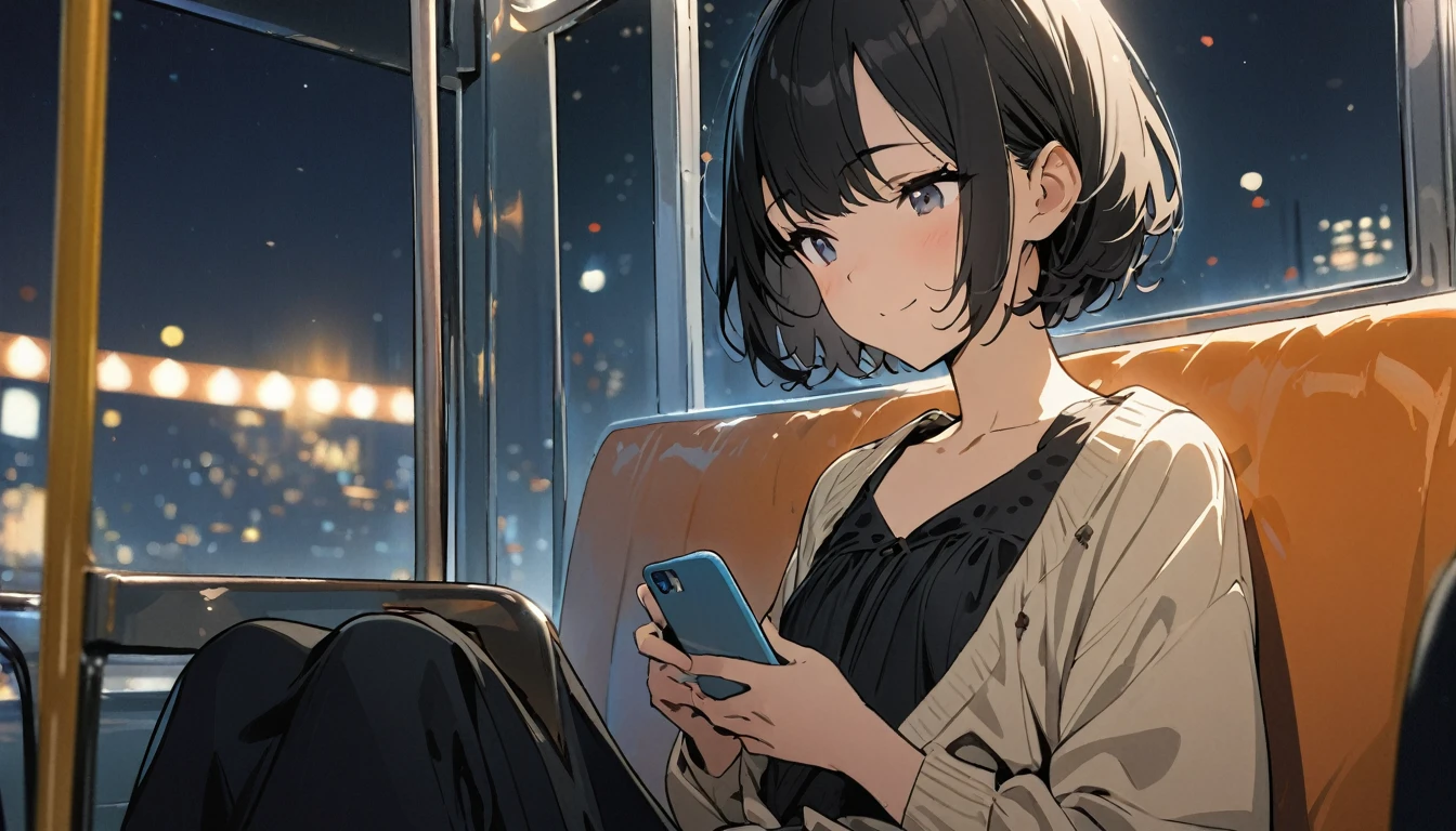 1girl, solo, gentle smile on her face flat chest, short hair, black hair, upper body, ((masterpiece, illustration, best quality)) ((best quality)), ((masterpiece)), On the bus a stylishly dressed women playing with his cell phone with her head down, at night, riding on a bus