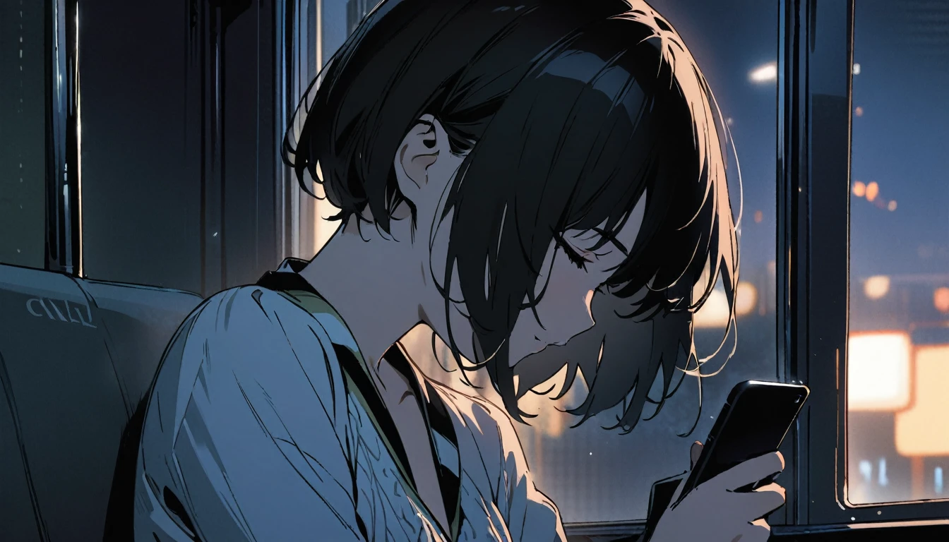 1girl, solo, gentle smile on her face flat chest, short hair, black hair, upper body, ((masterpiece, illustration, best quality)) ((best quality)), ((masterpiece)), On the bus a stylishly dressed women playing with his cell phone with her head down, at night, riding on a bus