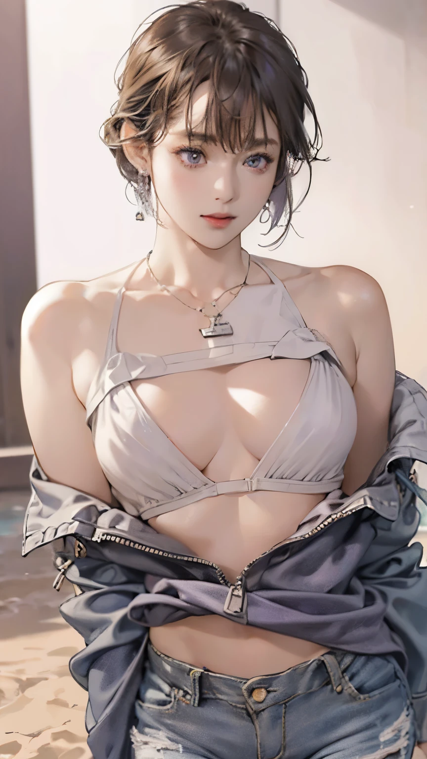 (8K、RAW Photos、Highest quality、Masseter region:1.2)、Very detailedな、Ultra-high resolution、(Realistic、Realistic photos:1.37)、Portraiture、High-resolution RAW color photos、Professional photography、hVery detailed and beautiful、Very detailed、8K Picture Wallpaper、Amazing details、Large file size、Official Art、HVery detailed CG Unity 8K wallpapers、hVery detailed beautiful girl、Very detailed顔、Very detailed目、Very detailed skin、Very detailed指、hVery detailed nose、Very detailed mouth、Perfect Anatomy、Detailed Background、Detailed clothing、1 Girl、(20:1.2)、20th generation、cute、Realistic bPetite、White skin、Glowing Skin、the body is slim、Black-haired、((short hair))、((ponytail))、(Blunt bangs: 1.2)、cute、Zola々right、cute faces、A vivid face、Delicate eyes、Source order、((Black and white bikini))、((Distressed jeans look))、((Red lipstick and purple eyeshadow))、((The chest is exposed:1.5))、((Exposed shoulders:1.5))、(((No good)))、(((Full nudity)))、((Backward Shot))、((Full Body Shot))、((Dreamy look))、Earrings、necklace、Looking into the camera、Cowboy Shot、positive、Standing posture、Contrapo、Dynamic Lighting、((Firm D-cup milk))、