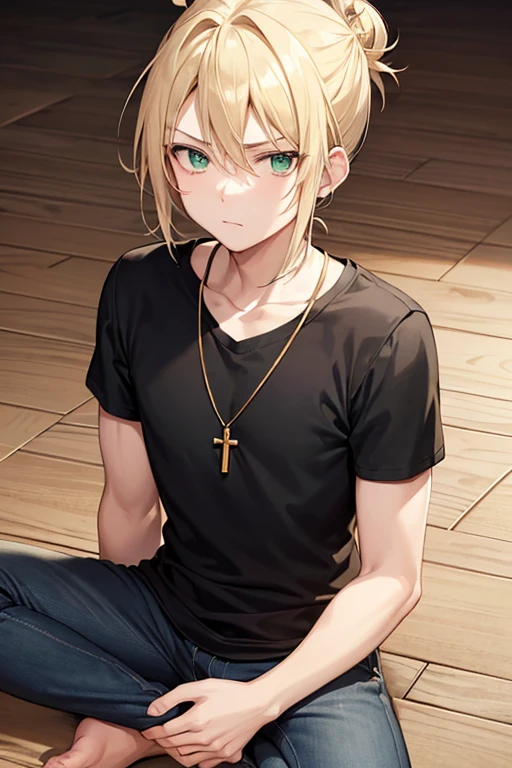 Anime boy, neutral expression, with blonde hair tied up in a bun, green eyes, black T-shirt, blue skinny jeans, gold cross necklace,
sitting on floor