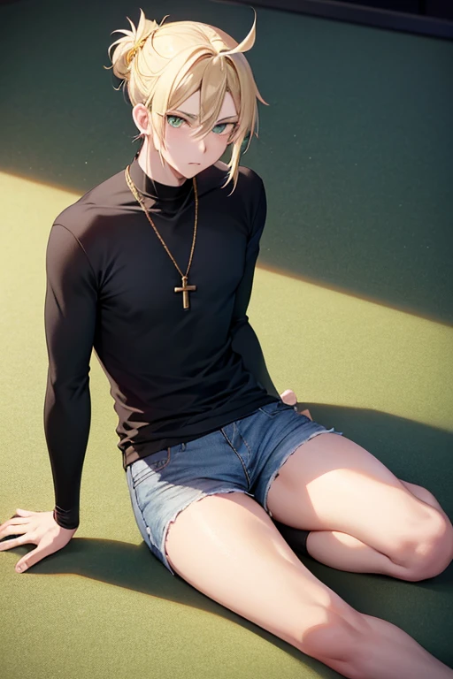 Anime boy, neutral expression, with blonde hair tied up in a bun, green eyes, black T-shirt, blue skinny jeans, gold cross necklace,
sitting on floor