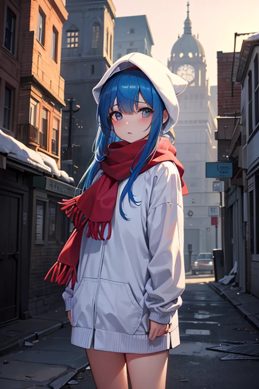 A young girl with blue hair, wearing a white hood and red scarf, stands in front of an abandoned city. The dragon that was previously by her side is now gone. The scene is tinged with soft pink hues, creating a melancholic and serene atmosphere. The crumbling buildings and deserted streets of the city serve as a stark contrast to the girl's determined and hopeful expression.