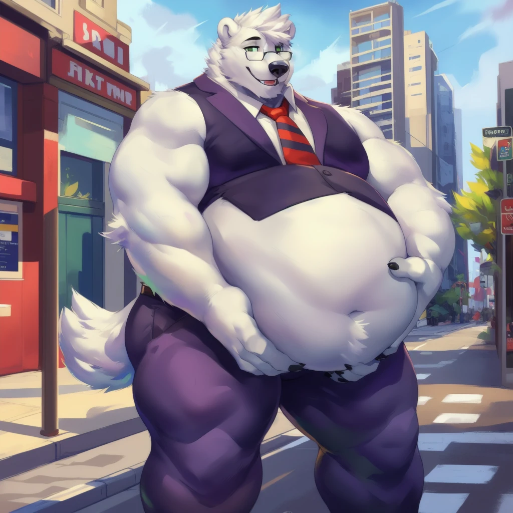 By mystikfox61, by glitter trap boy, by juiceps, by darkgem, solo, male, polar bear, white fur, green eyes, detailed eyes, detailed hands, muscular, overweight, musclegut, big biceps, smiling, glasses, wearing a full suit and tie, standing, street, outside, wonderful day out