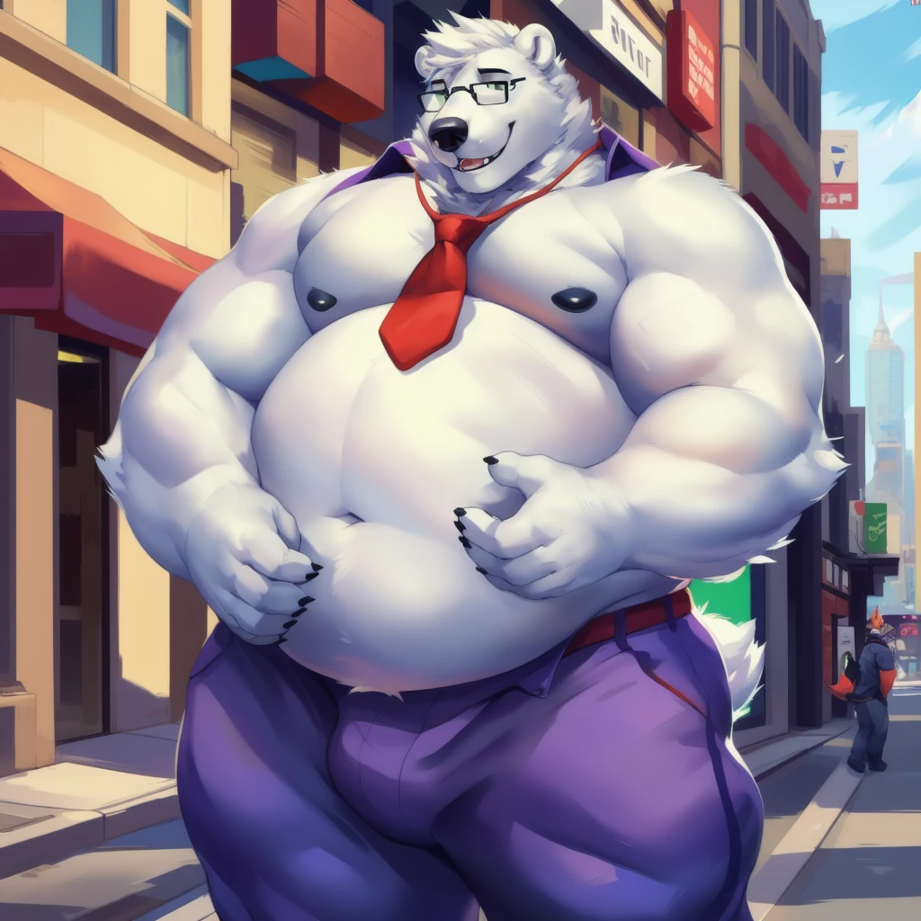 By mystikfox61, by glitter trap boy, by juiceps, by darkgem, solo, male, polar bear, white fur, green eyes, detailed eyes, detailed hands, muscular, overweight, musclegut, big biceps, smiling, glasses, wearing a full suit and tie, standing, street, outside, wonderful day out
