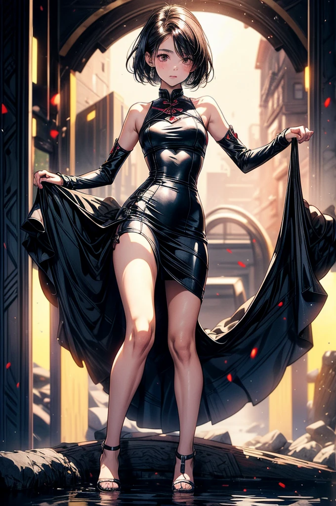 masterpiece, best quality, distinct image, 1 girl, 16 year old ager, Asymmetrical knee length Chinese styled dress, solo. sharp facial features, oval shaped face, cherry pink lip, lightly tanned white skin, velvet-colored eyes, tall height(175cm), slim yet chiseled body-type, dark violet-black hair, short pixie cut hairstyle, long and slender legs, curvy wide hips stretching the dress, full body image,