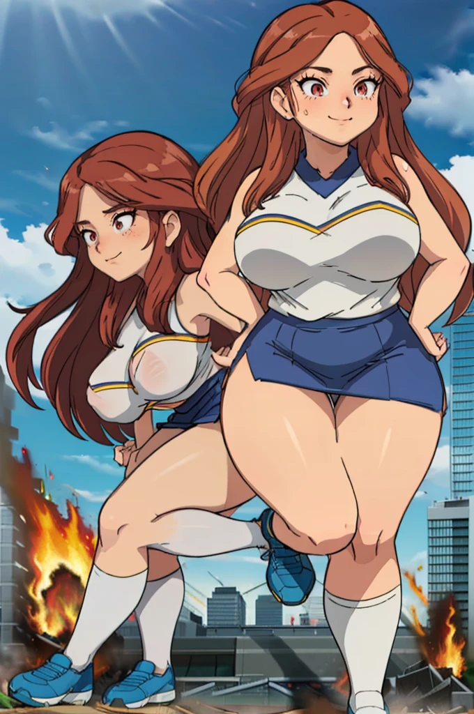 ultra-detailed, (perfect anatomy:1.3999), (close-up shot, dynamic shot, side view, from bottom:1.399), (ultra beautiful perfect detailed smile face:1.3999), (finely ultra-detailed eyes:1.3999), slim waist, curvy hourglass figure, perfect and proportional body, (((glamorous athletic giant Japanese girl in her twenties, running with destroying city:1.25))), beautiful Asian actress face, ((thick thighs:1.399)), fit curvy physique, inverted body type, attractive feminine curves, ((gigantic breasts:1.25)), (((thick voluptuous arms and legs:1.399))), feminine curvy figure, (style of plump voluptuous body), (plain white over-the-calf socks, bare knees:1.25), masterpiece, highres, best quality, RAW photo, ultra-detailed, CG, unity, 8k wallpaper, extremely detailed CG, extremely detailed, an extremely delicate and beautiful, extremely detailed, Amazing, finely detail, official art, High quality texture, incredibly absurdres, huge file size, photorealistic, ((HaruCheerUniform, blue skirt)), (Nelly, GTS, rampage, destroying city:1.25), blue pleated mini skirt, white sleeveless tops, plump, (bare knees, bare arms, bare elbows, bare shoulders),
