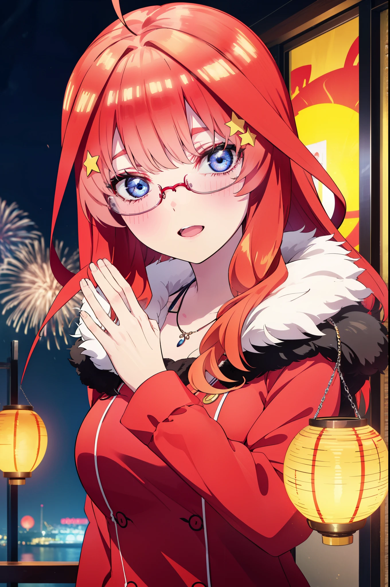 itsukinakano, itsuki nakano, bangs, blue eyes, Hair between the eyes, Ahoge, Redhead, star \(symbol\), hair ornaments, star hair ornaments,Akagi Glasses,smile,blush,Fun atmosphere,Open your mouth,Long Hair,Tie your hair back,Red jacket, (Checked fur jacket: 1.2), Checked skirt, High heels, necklace, Handbags, Earrings,,night空の花火,Fireworks display,Japanese Festivals,Summer festival food stalls,Red Lantern, night,whole bodyがイラストに入るように,Looking down from above,
break outdoors, shrine, break looking at viewer,whole body,
break (masterpiece:1.2), Highest quality, High resolution, unity 8k wallpaper, (shape:0.8), (Beautiful and beautiful eyes:1.6), Highly detailed face, Perfect lighting, Extremely detailed CG, (Perfect hands, Perfect Anatomy),